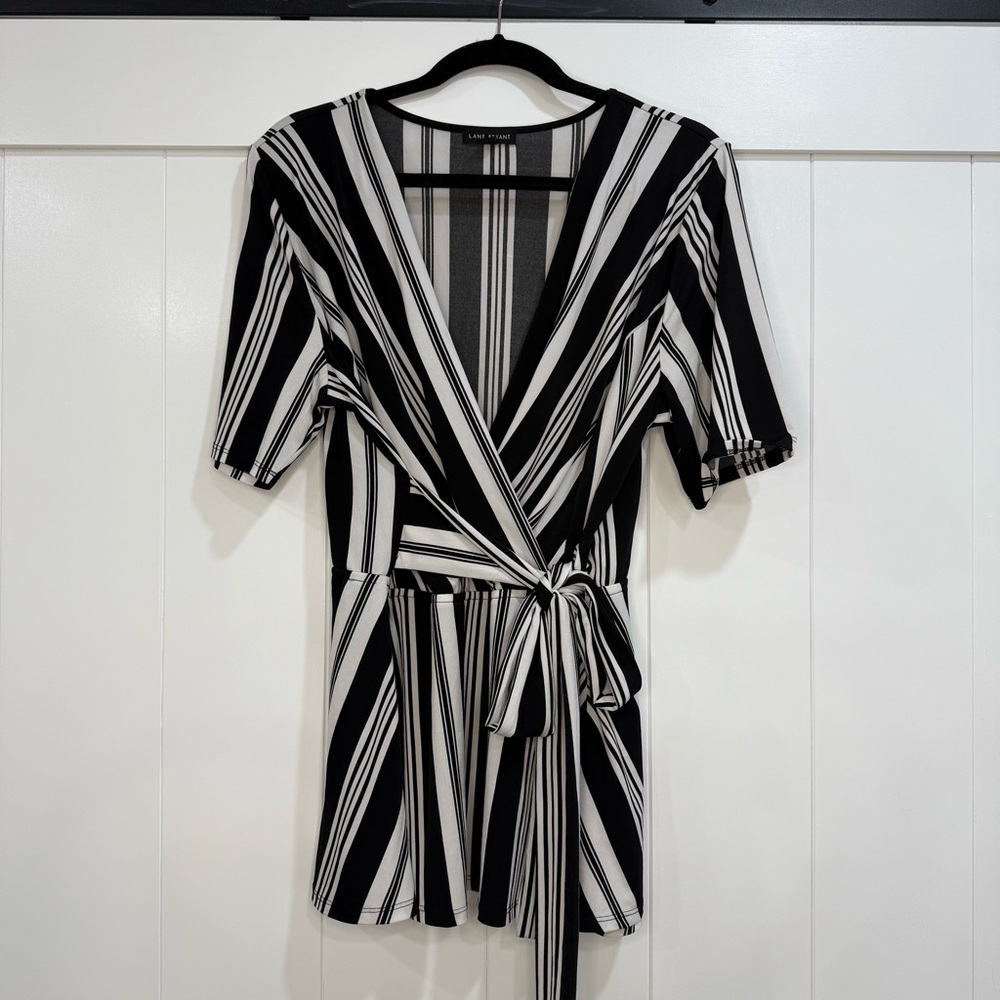Lane Bryant Black and White Striped Wrap Blouse